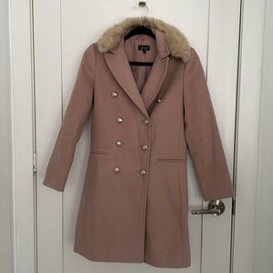 Topshop double breasted pink coat with faux fur trim